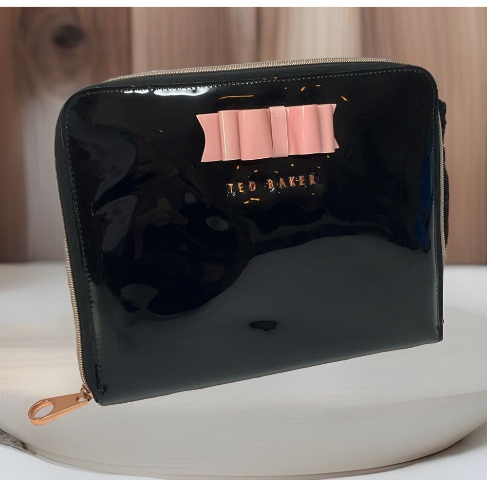 Ted Baker Clutch Tablet Case Top Zip Patent Leather Black Pink Bow 10x8